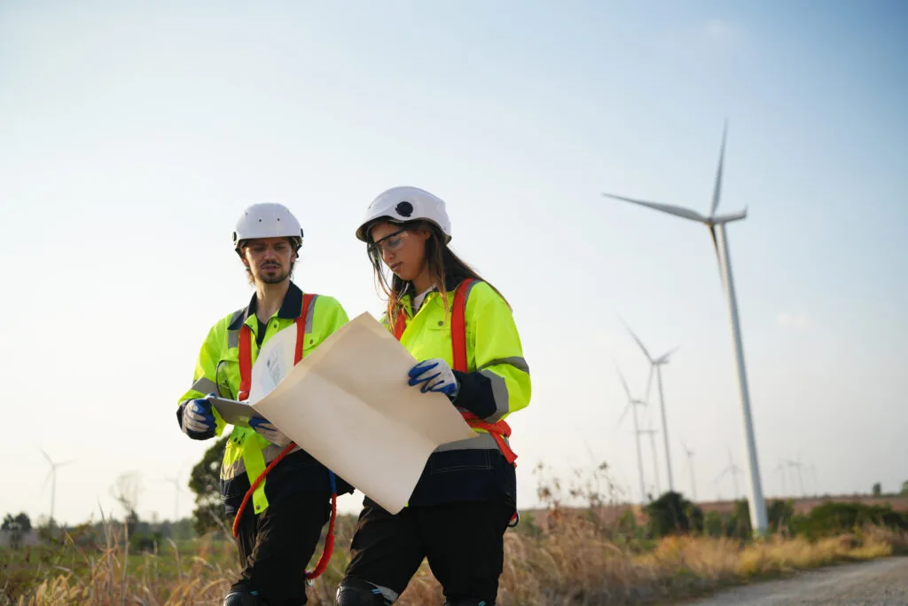 Conseiller en énergies renouvelables expliquant des panneaux solaires à un client, avec des plans et documents sur une table